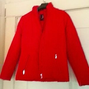 Red puffer jacket